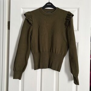Who What Wear Olive Green Fitted Ruffled Sleeve Crew Neck Sweater Size small